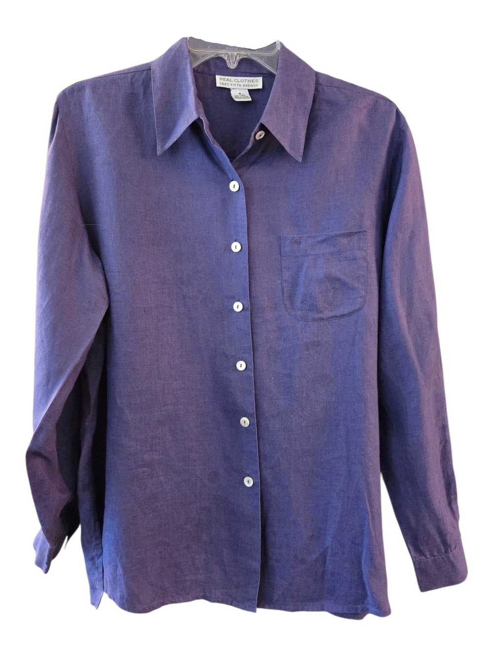 Vintage Real Clothes Saks Fifth Avenue Women's Purple Linen Button-up Shirt-Sz M